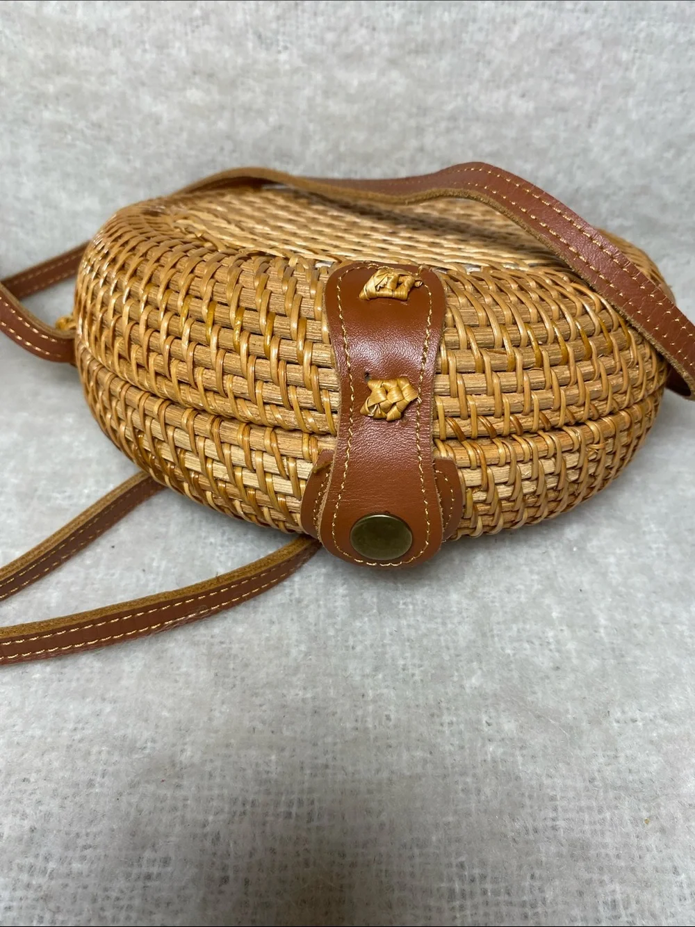 Round Woven Crossbody Bag in Tan - Picture 2 of 6
